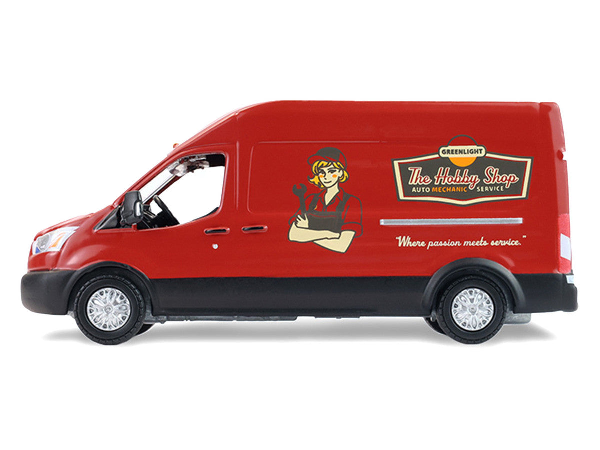 2019 Ford Transit LWB High Roof Van "Hobby Shop Auto Mechanic - Mobile Mechanic" Red with Car Jack and Battery "The Hobby Shop" Series 17 1/64 Diecast Model Car by Greenlight