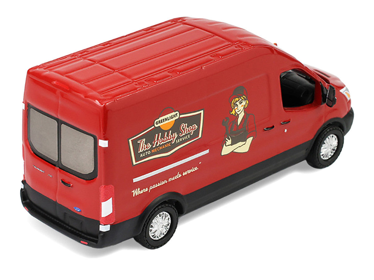 2019 Ford Transit LWB High Roof Van "Hobby Shop Auto Mechanic - Mobile Mechanic" Red with Car Jack and Battery "The Hobby Shop" Series 17 1/64 Diecast Model Car by Greenlight