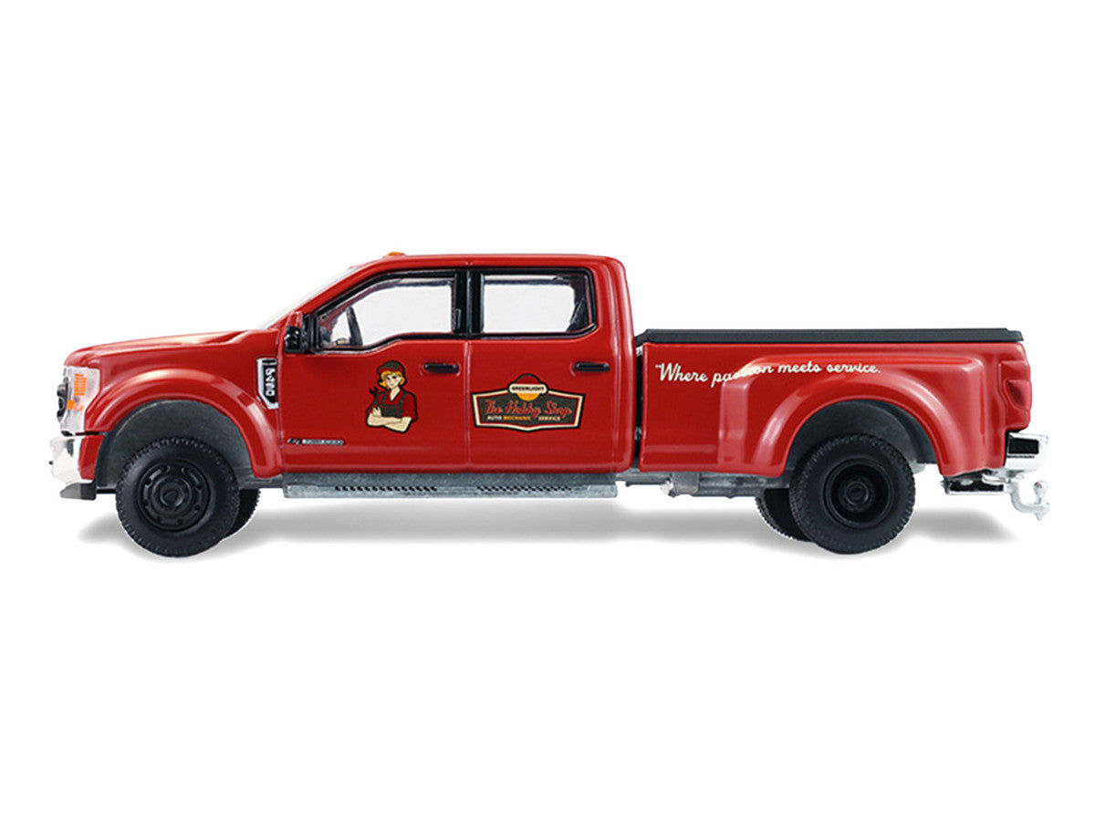 2022 Ford F-450 Dually Pickup Truck "Hobby Shop Auto Mechanic" Red with Mechanic Figure "The Hobby Shop" Series 17 1/64 Diecast Model Car by Greenlight