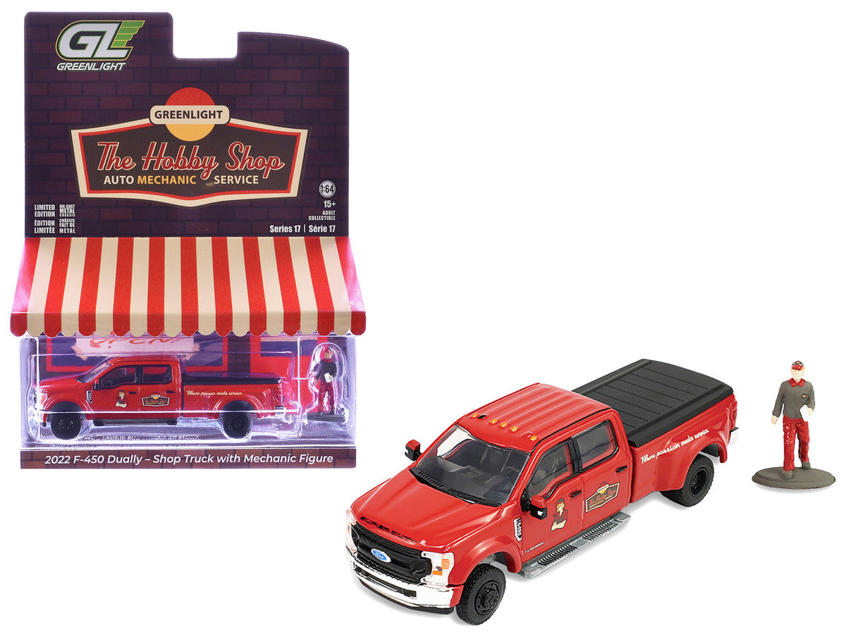 2022 Ford F-450 Dually Pickup Truck "Hobby Shop Auto Mechanic" Red with Mechanic Figure "The Hobby Shop" Series 17 1/64 Diecast Model Car by Greenlight