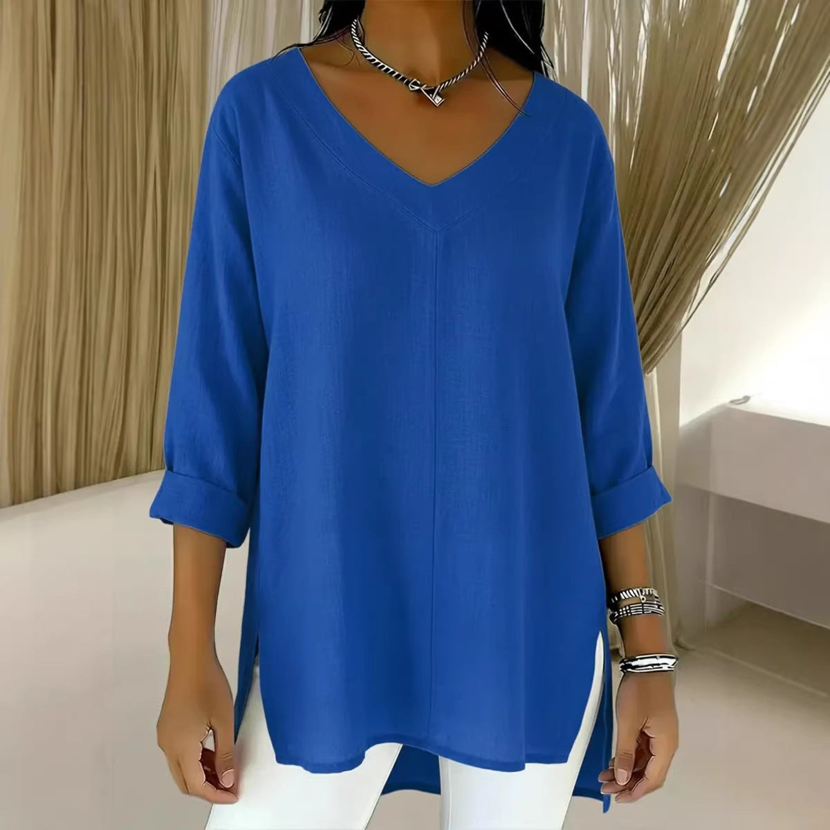 Street-style Solid-color V-neck Loose-fitting Top