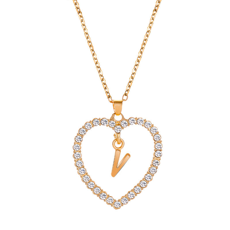 Womens Stylish & Minimalist Diamond-Encrusted 26-Letter Heart Pendant Necklace