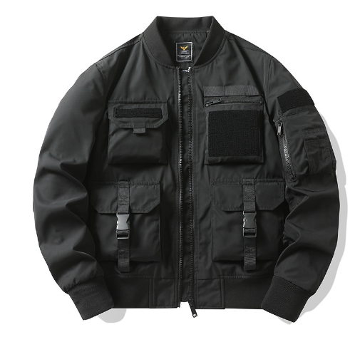 Graffiti Print Multi-Pocket Work Jacket with Ribbon Collar