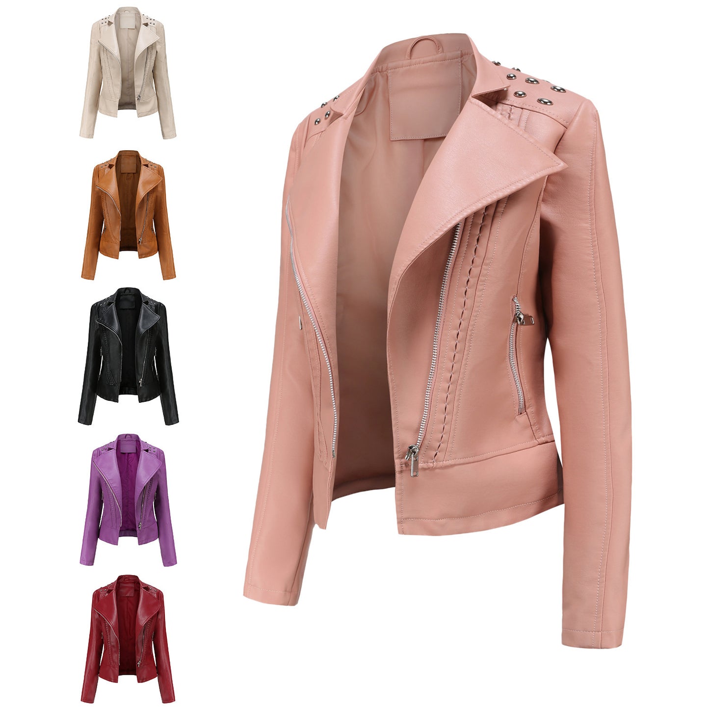 Women's Beaded Faux Leather Jacket - Long Sleeve Street Fashion Motorcycle Coat (Black/Red/Purple/Pink/Camel/Beige, XS-XXL)