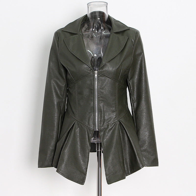 Women's Ruffled Hem PU Leather Jacket - Slim-Fit Motorcycle Style Coat with Suit Collar (Polyester/Spandex Blend)