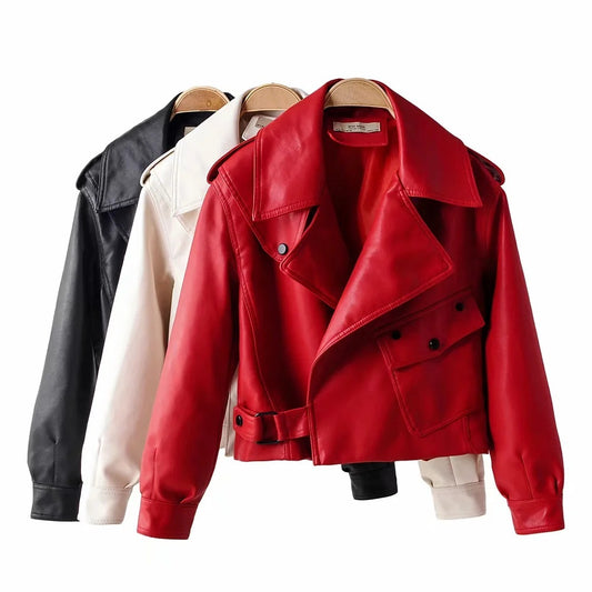 Women's PU Leather Motorcycle Jacket - Lapel Collar Street Style Biker Jacket (50-65cm Length)