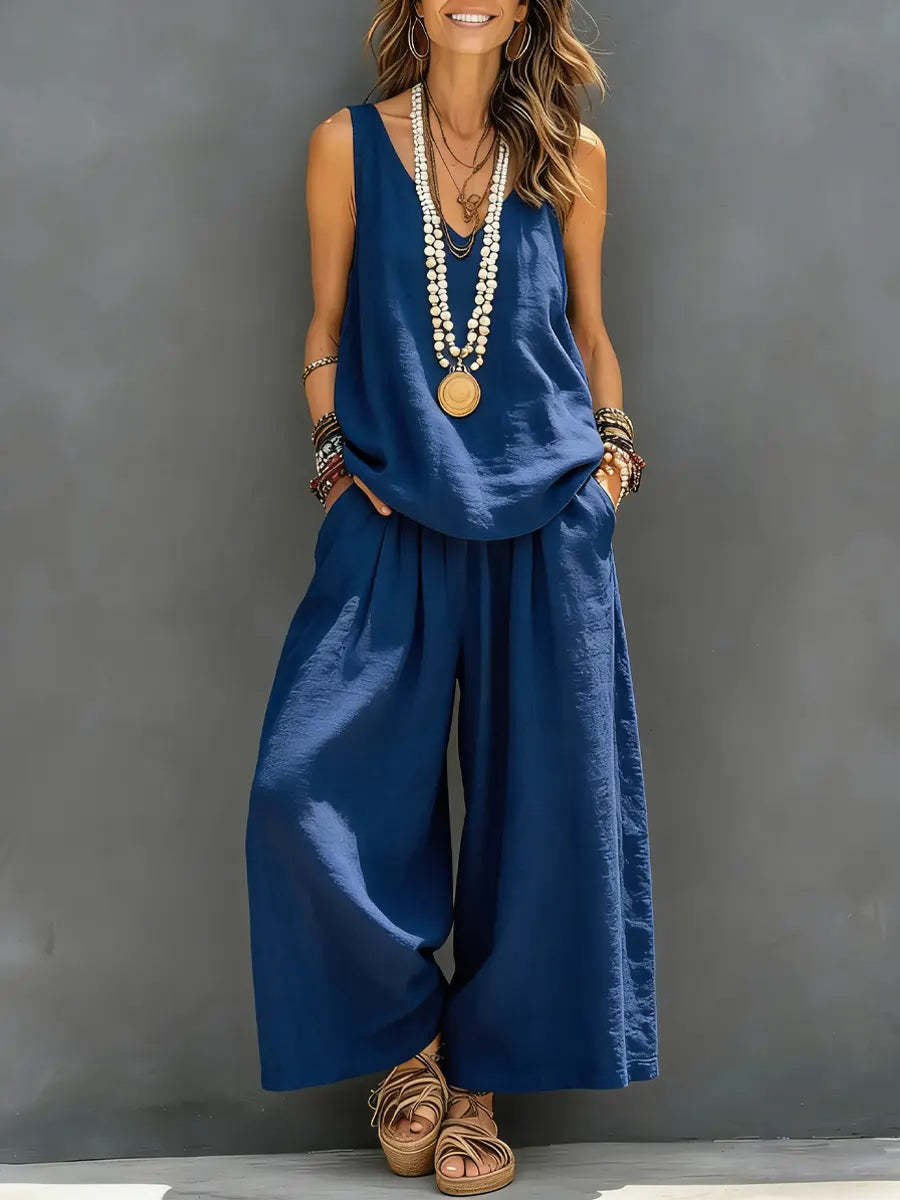 Womens Solid-Colored Casual Sleeveless Tank Top And Wide-Leg Pants Cotton-Linen Set