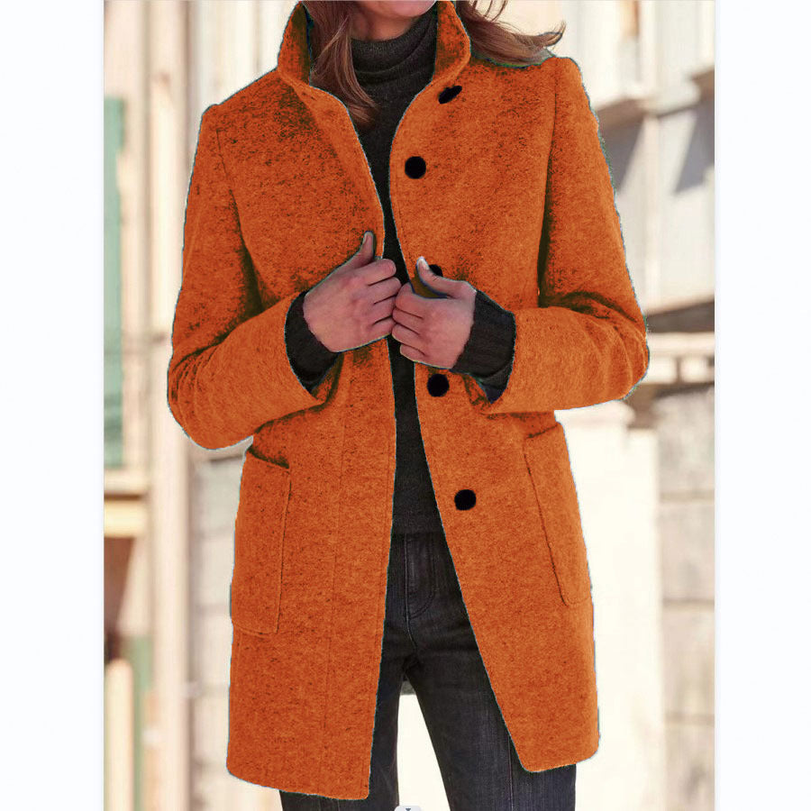 New Retro Solid Color Buttoned Turtleneck Wool Coat