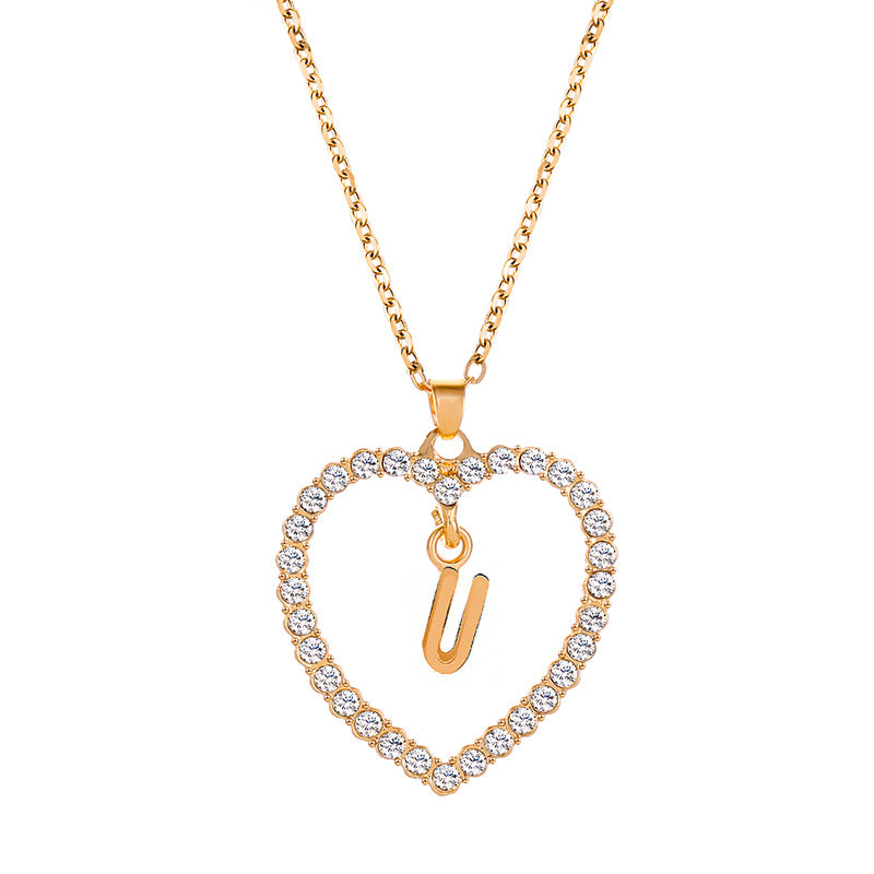 Womens Stylish & Minimalist Diamond-Encrusted 26-Letter Heart Pendant Necklace