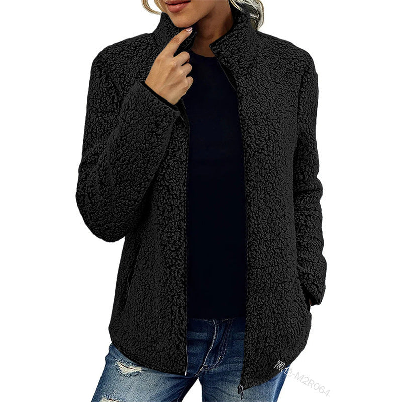 Fall Winter Warm Sweatshirt Stand Collar Solid Color Top Sweater Women's Casual Fashion Long Sleeve Zipper Bubble Velvet Coat Tops
