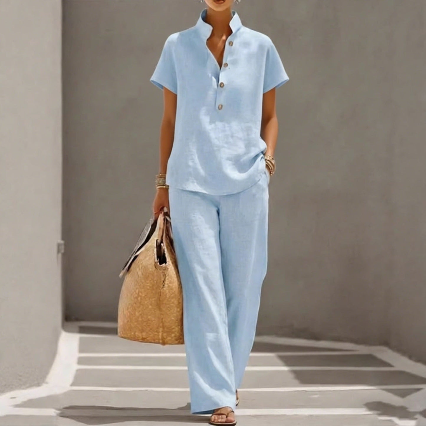 Casual Lazy-Style Cardigan Short-Sleeve Pants Solid-Color Set