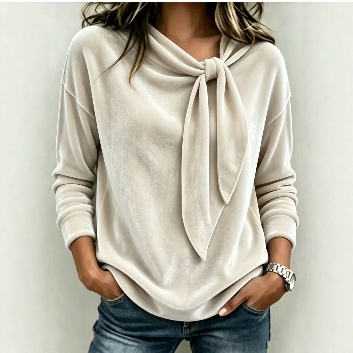 Womens Velvet Sweater With Bow-Knot