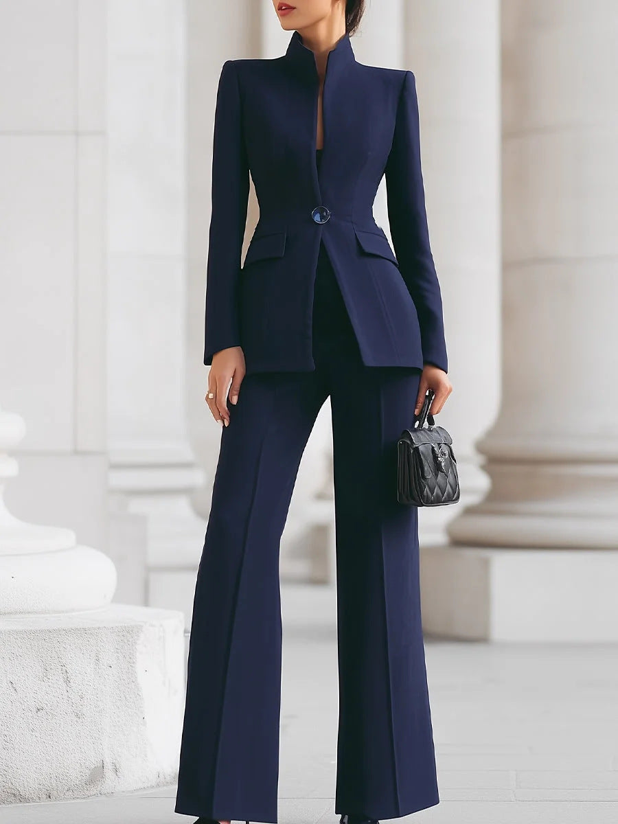 2026 European And American Women's Fashion Independent Long-Sleeve Solid Color Pocket Single-Button Blazer And  Long Suit Pants Two-Piece Set