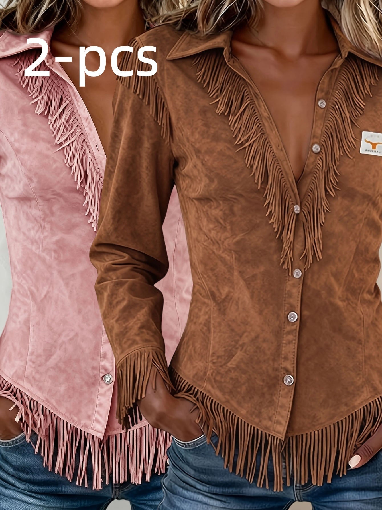 Western Cowboy-Style Suede Fringe Slim-Fit Long-Sleeve Shirt