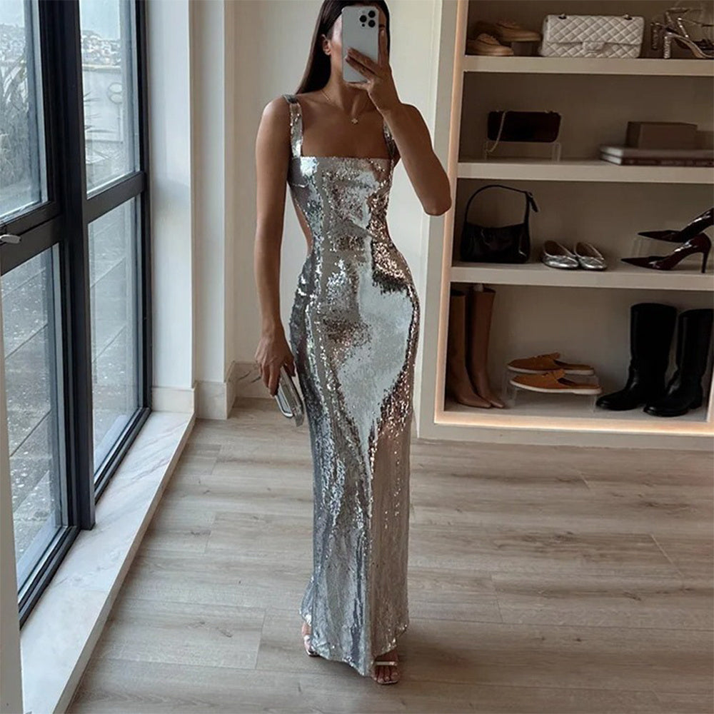 Silver Sequin Halter Dress