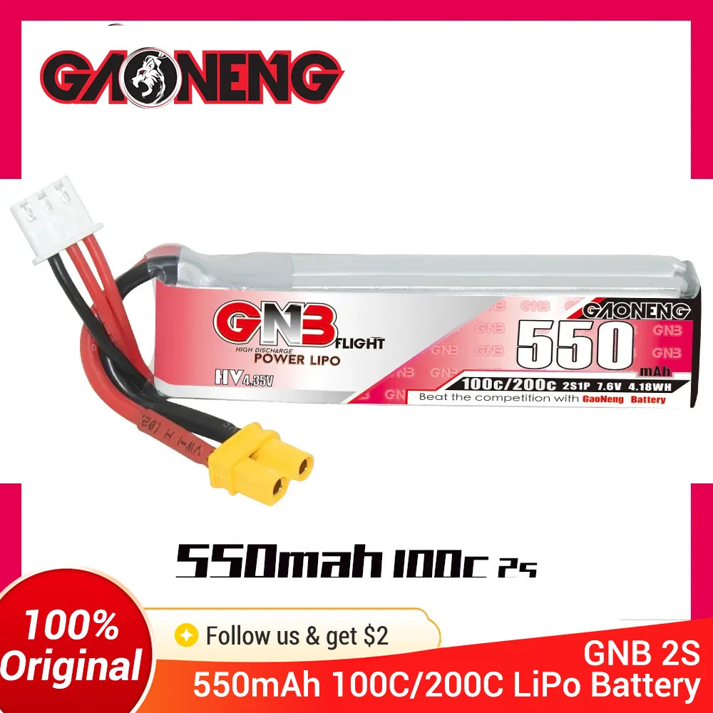 GNB 2S 7.6V 550mAh 100C/200C HV Lipo Battery For Happymodel FPV Racing Cine Whoop BetaFPV RC Drone With XT30U-F Plug