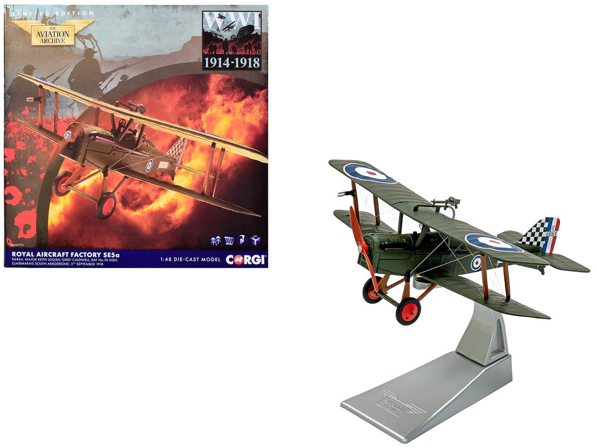 Royal Aircraft Factory SE5a Biplane Aircraft "D6864 Major Keith Logan Caldwell No. 74 Squadron Clairmarais South Aerodrome" (1918) Royal Air Force "The Aviation Archive" Series 1/48 Diecast Model by Corgi