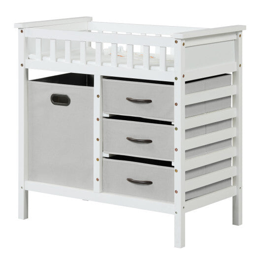Wooden Baby Changing Table Diaper Changing Station with 3 Fabric Storage Drawers-Beige