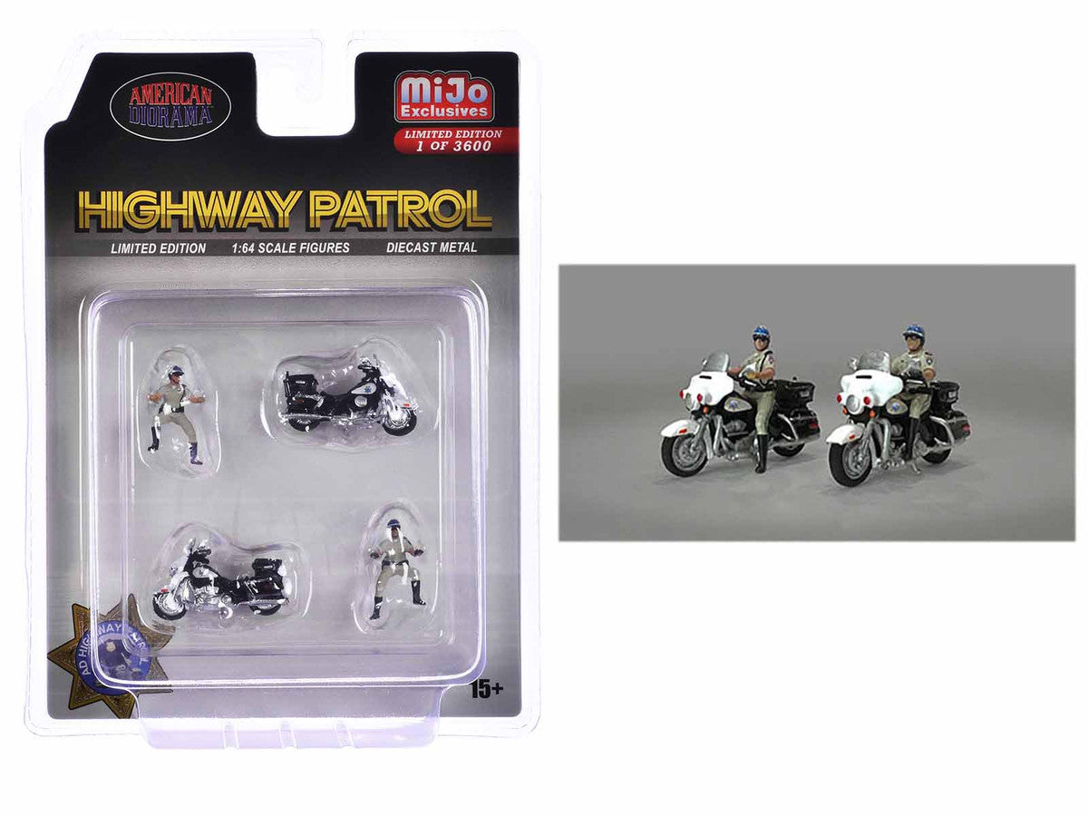 "Highway Patrol" 4 piece Diecast Figure Set (2 Figures 2 Motorcycles) Limited Edition to 3600 pieces Worldwide for 1/64 Scale Models by American Diorama