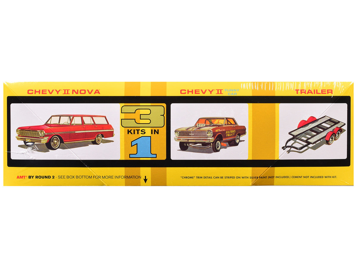 Skill 2 Model Kit Indy Drag Combo Chevrolet II Wagon and Funny Car with Trailer 3 in 1 Set 1/25 Scale Model by AMT