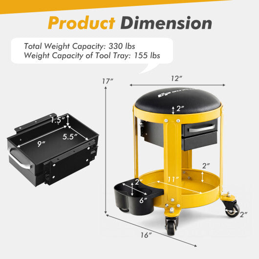 Rolling Mechanic Stool with Removable Padded Seat and Drawers-Yellow