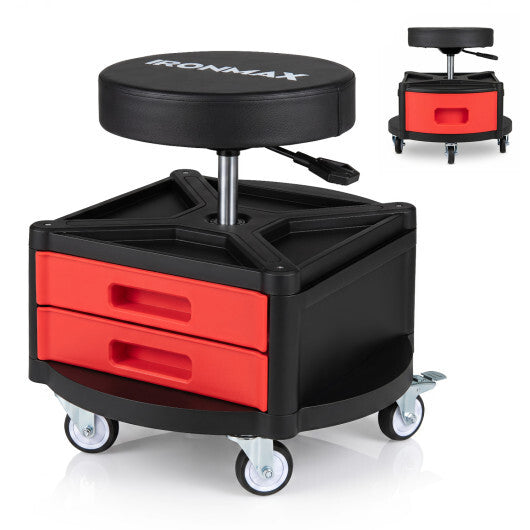 Rolling Mechanic Stool with Cushioned Seat & Dual Tool Trays 330 LBS-Red