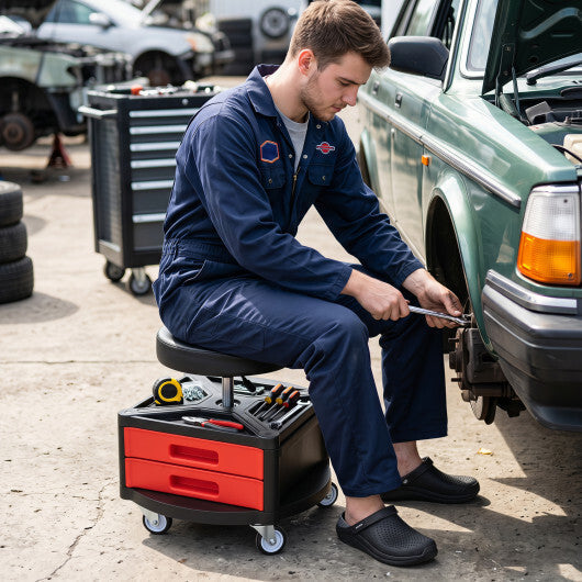 Rolling Mechanic Stool with Cushioned Seat & Dual Tool Trays 330 LBS-Red