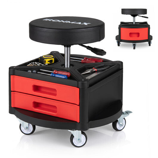 Rolling Mechanic Stool with Cushioned Seat & Dual Tool Trays 330 LBS-Red