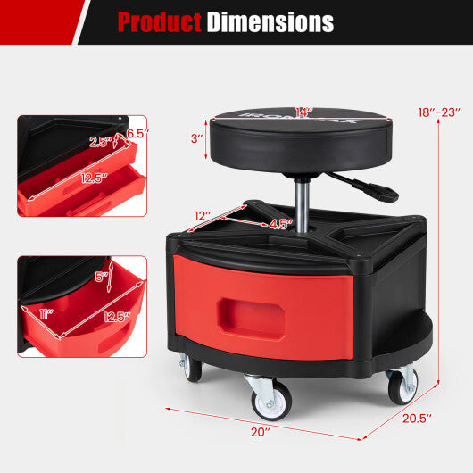 Rolling Mechanic Stool with Cushioned Seat & Dual Tool Trays 330 LBS-Red