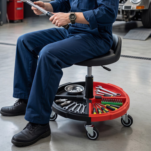 360? Rolling Mechanic Stool with 1 Tool Storage Tray-Red