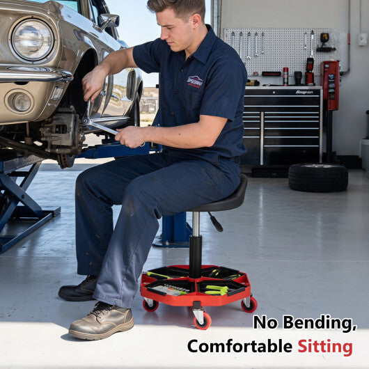 Height Adjustable Garage Seat with and PU Leather Seat Cushion-Blackred