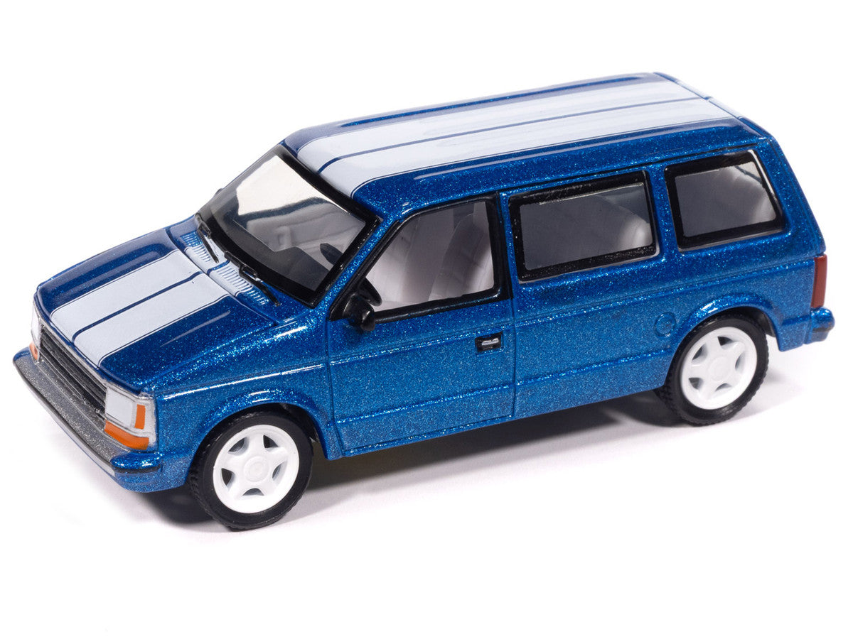1989 Plymouth Voyager Turbo Van Daytona Blue Metallic with White Stripes and Interior "Mighty Minivans" Series 1/64 Diecast Model Car by Auto World