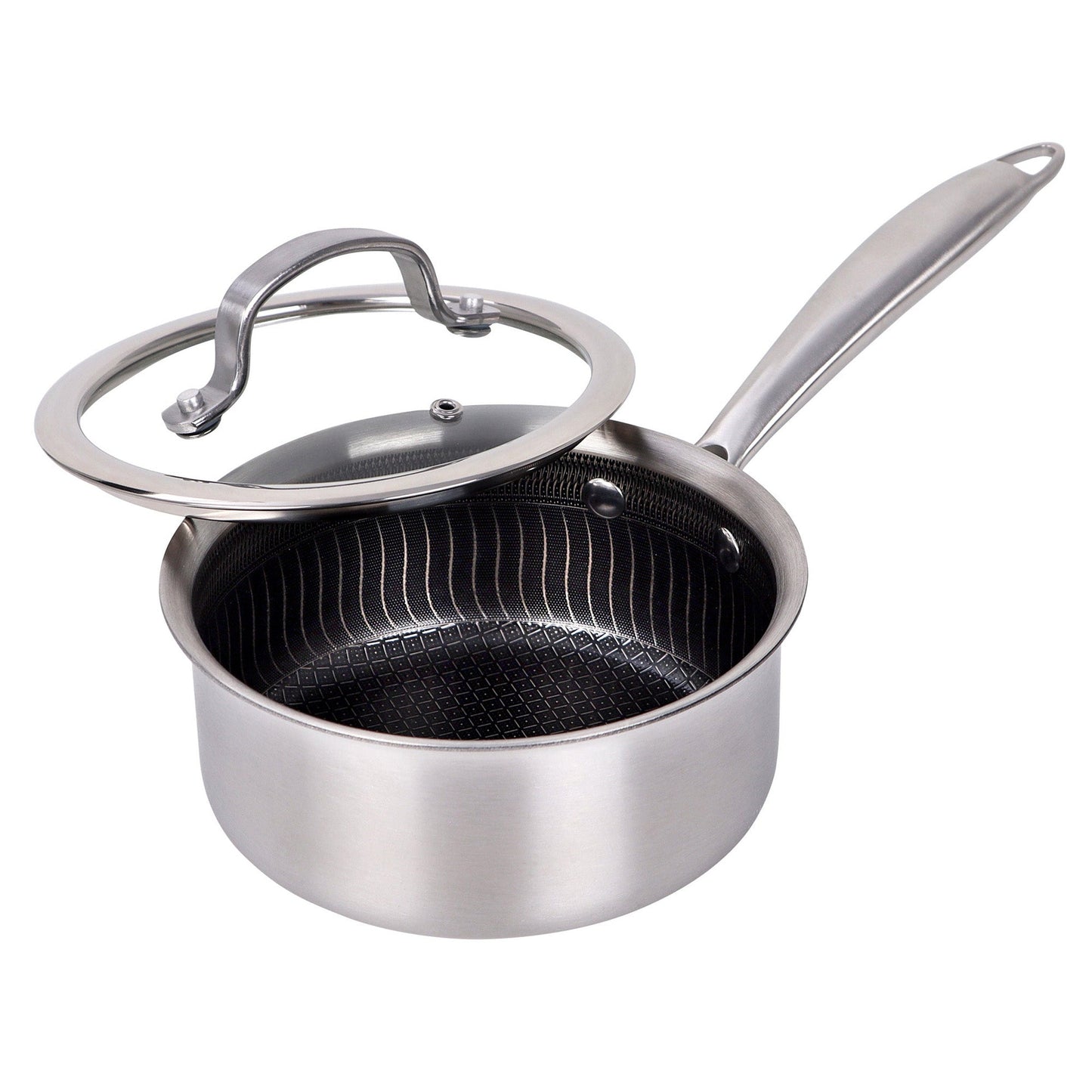 Brentwood 1.5 Quart 3-Ply Hybrid Non-Stick Stainless Steel Saucepan with Tempered Glass Lid