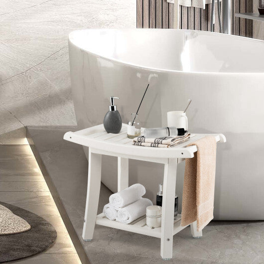 Waterproof Bath Stool with Curved Seat and Storage Shelf-Brown