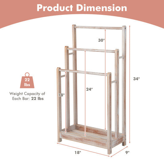 Freestanding Towel Rack 3-Bar Hand Towel Drying Stand with Bottom Storage Shelf-Rustic Brown