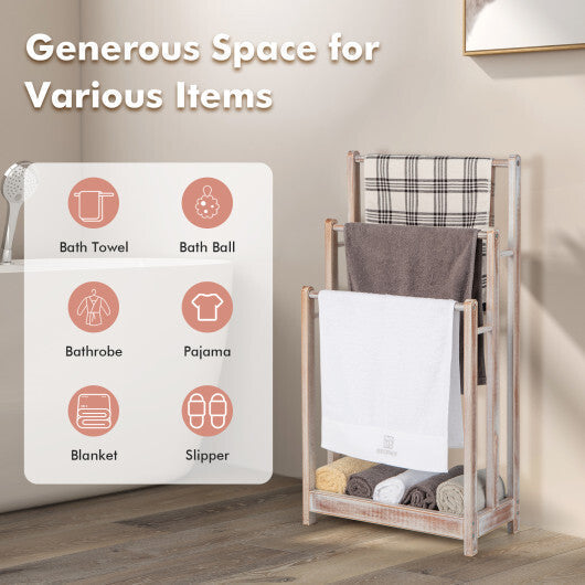 Freestanding Towel Rack 3-Bar Hand Towel Drying Stand with Bottom Storage Shelf-Rustic Brown