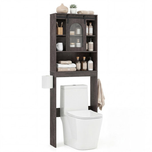 Over Toilet Storage Cabinet with Sliding Barn Door and Open Shelves for Bathroom-Oak