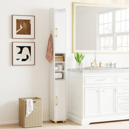 Narrow Bathroom Storage Cabinet with Open Shelves and Toilet Paper Holder-White