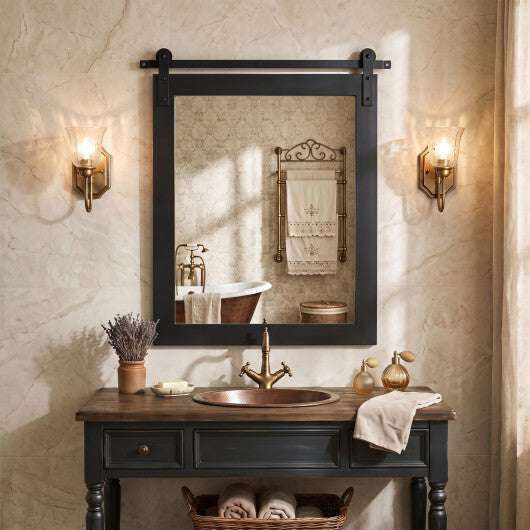 29" x 23" Rectangle Farmhouse Wall Mirror with Metal Bracket for Bathroom-Brown