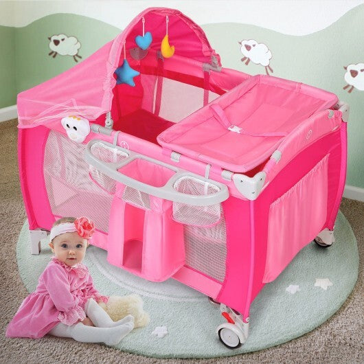 Foldable Baby Crib Playpen with Mosquito Net and Bag-Blue