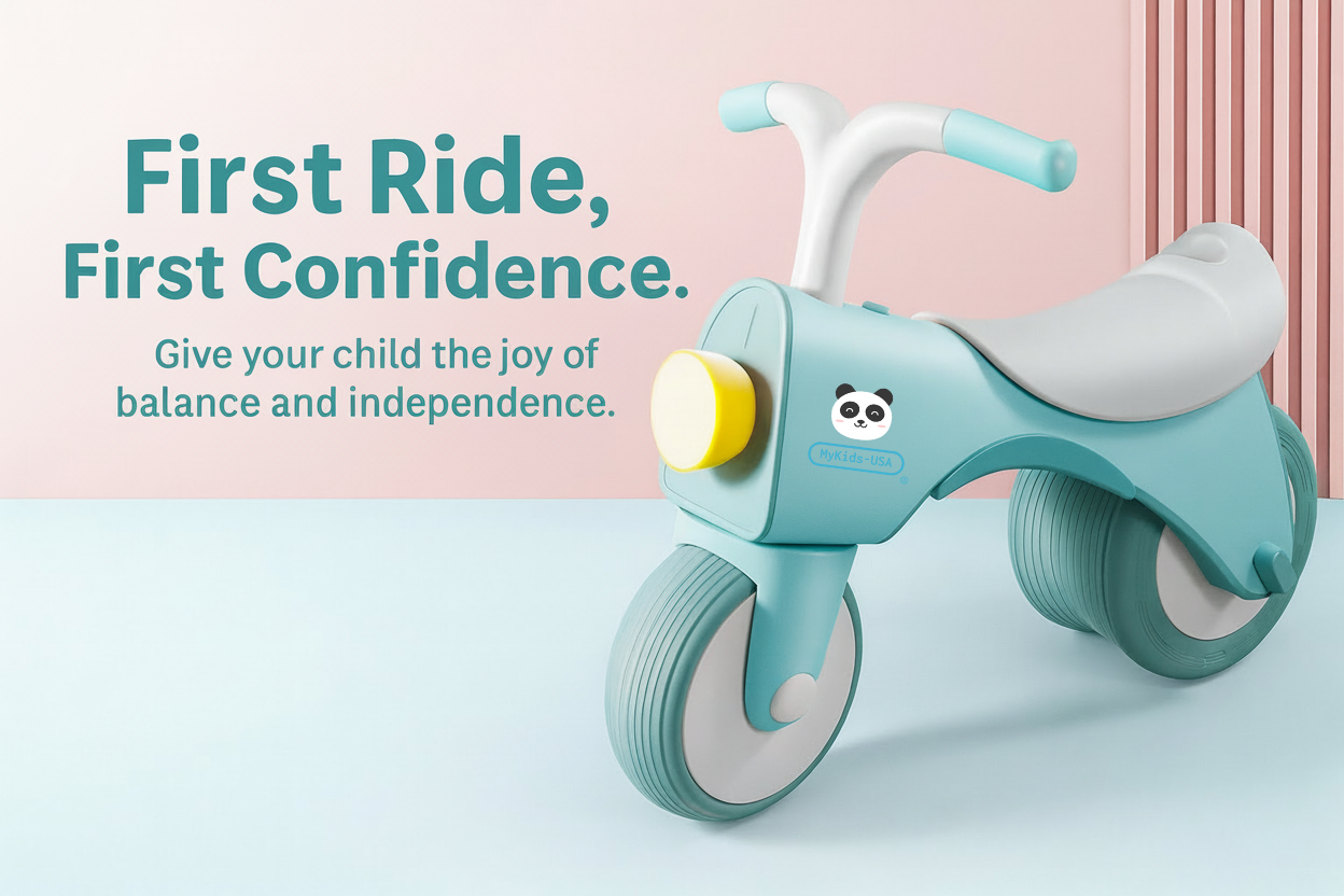 MyKids-USA® 5-in-1 Musical Balance Bike with Wide Wheels – No Pedals, Anti-Rollover Safety