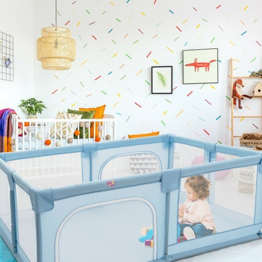 75 x 59 Inch Large Baby Playpen with Breathable Mesh and Zipper Doors-Gray