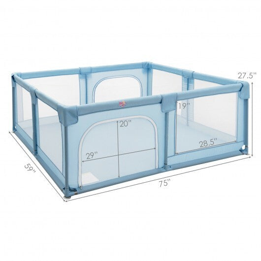 75 x 59 Inch Large Baby Playpen with Breathable Mesh and Zipper Doors-Gray