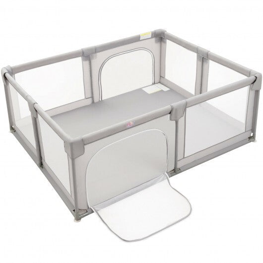 75 x 59 Inch Large Baby Playpen with Breathable Mesh and Zipper Doors-Gray