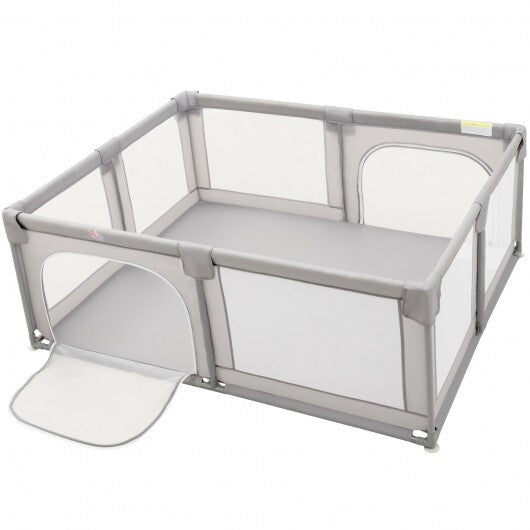 75 x 59 Inch Large Baby Playpen with Breathable Mesh and Zipper Doors-Gray
