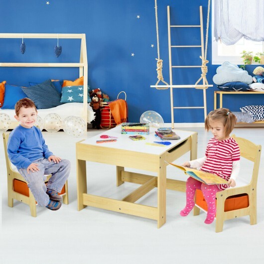 Kids Table Chairs Set With Storage Boxes Blackboard Whiteboard Drawing-Natural
