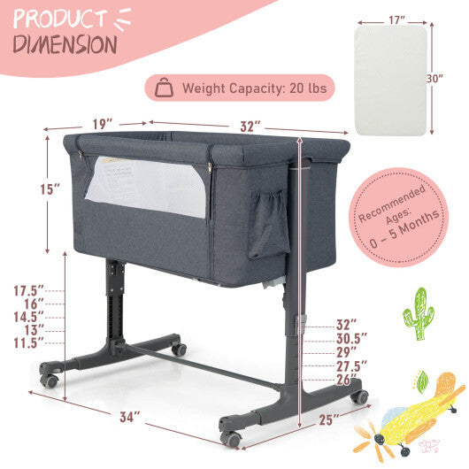 Portable Baby Bedside Bassinet with 5-level Adjustable Heights and Travel Bag-Gray - Color: Gray
