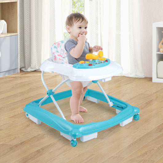Foldable Baby Walker with 3 Adjustable Heights and Padded Seat-Blue