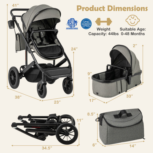 3-in-1 Folding Convertible Newborn Stroller with Detachable Bassinet-Black
