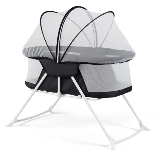 2 in 1 Baby Bassinet with Rocking Motion Foldable Bedside Sleeper with Breathable Mesh-Grey